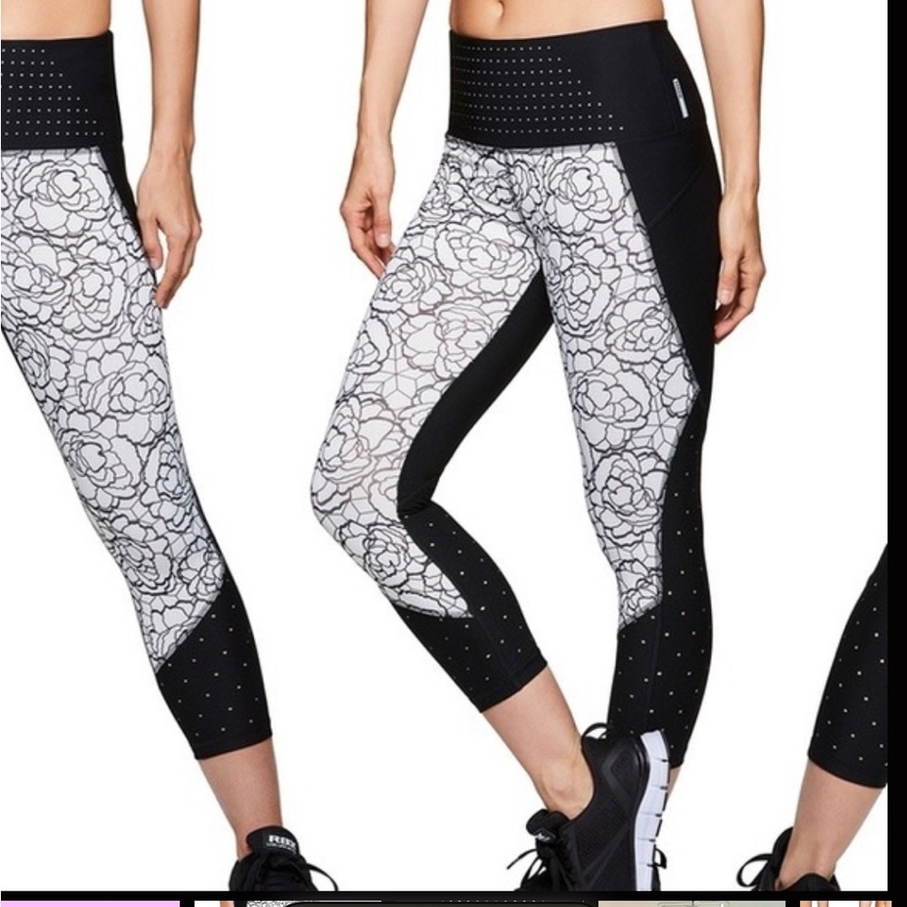 RBX WOMEN’S ACTIVE BLACK & WHITE FLORAL CAPRI LEGGINGS